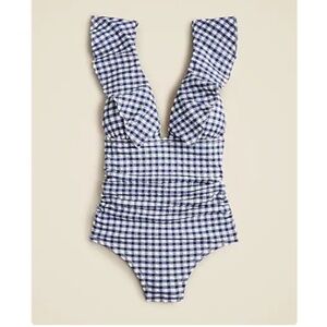 Ruched ruffle one-piece swimsuit in seersucker